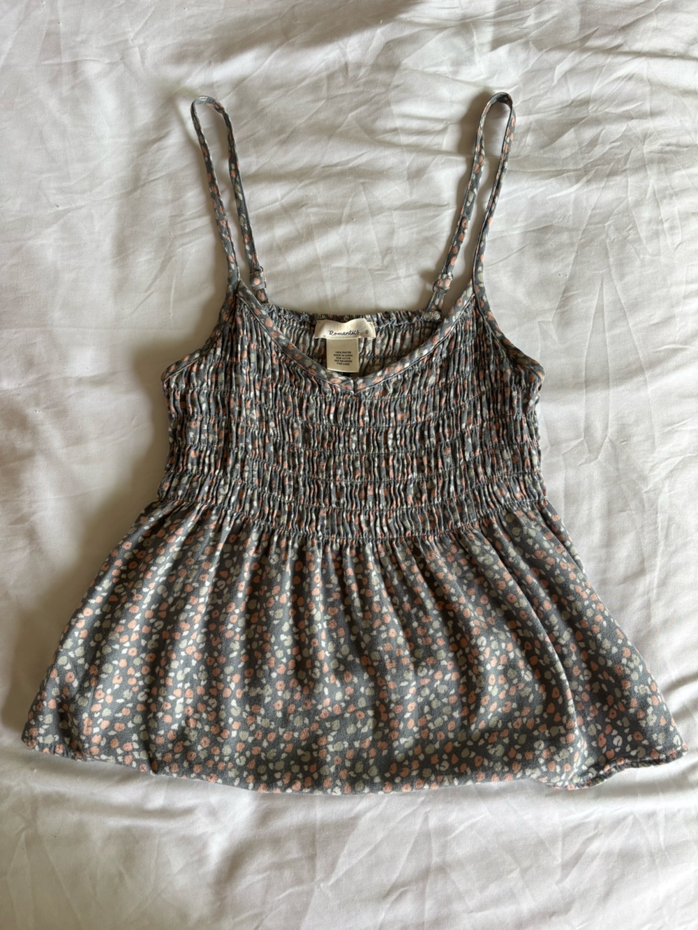 Gray Floral Smocked Cami with Peach and white flowers